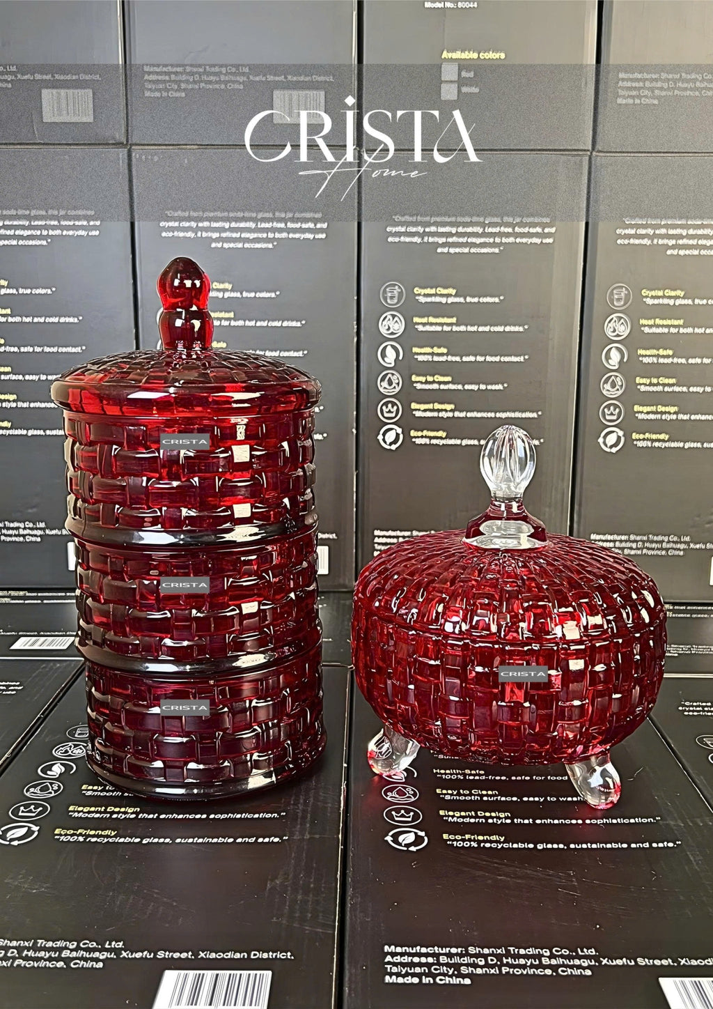 Set of 2 Checkered Glass Jam Jars – Clear & Red