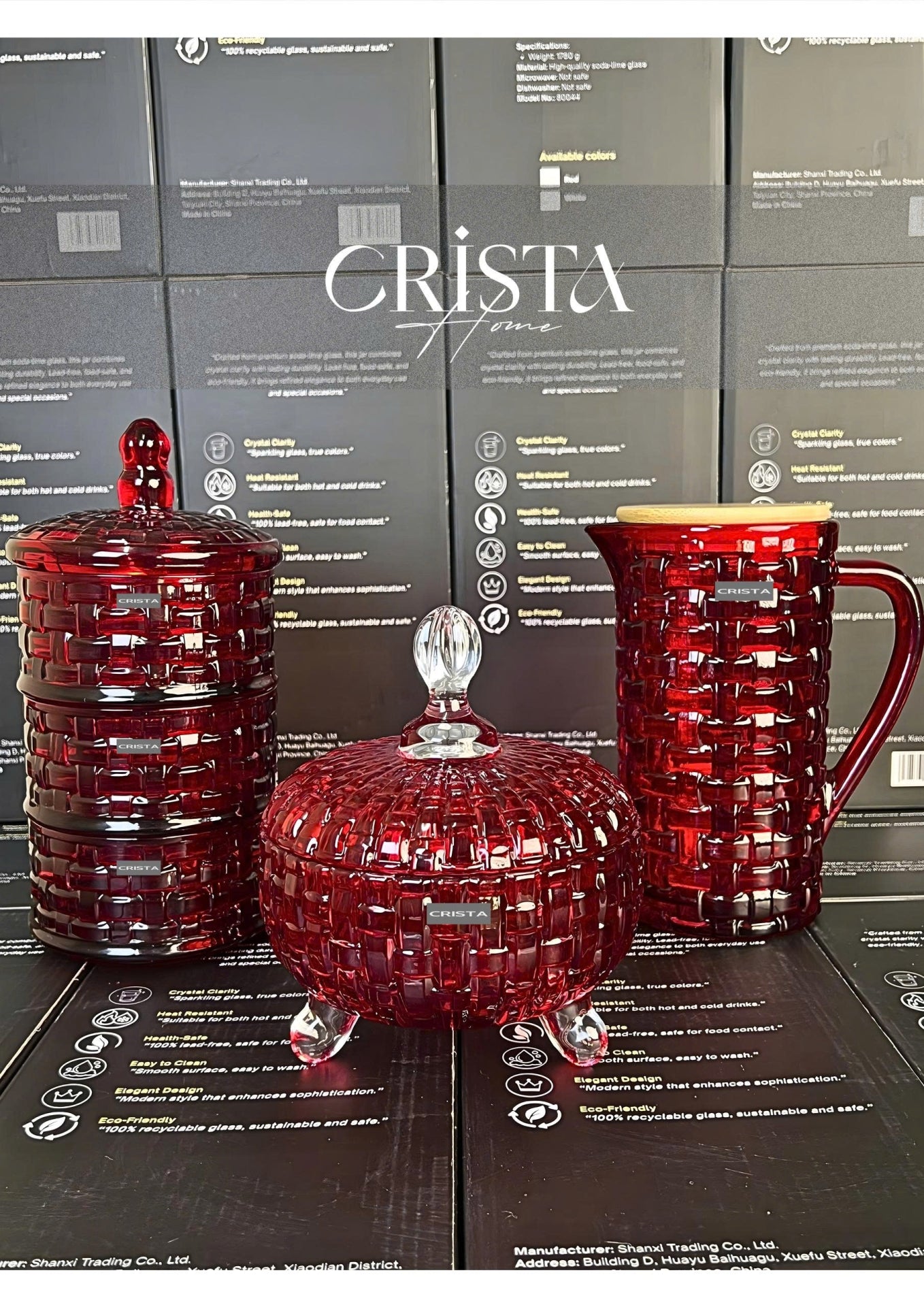 Set of 2 Checkered Glass Jam Jars – Clear & Red