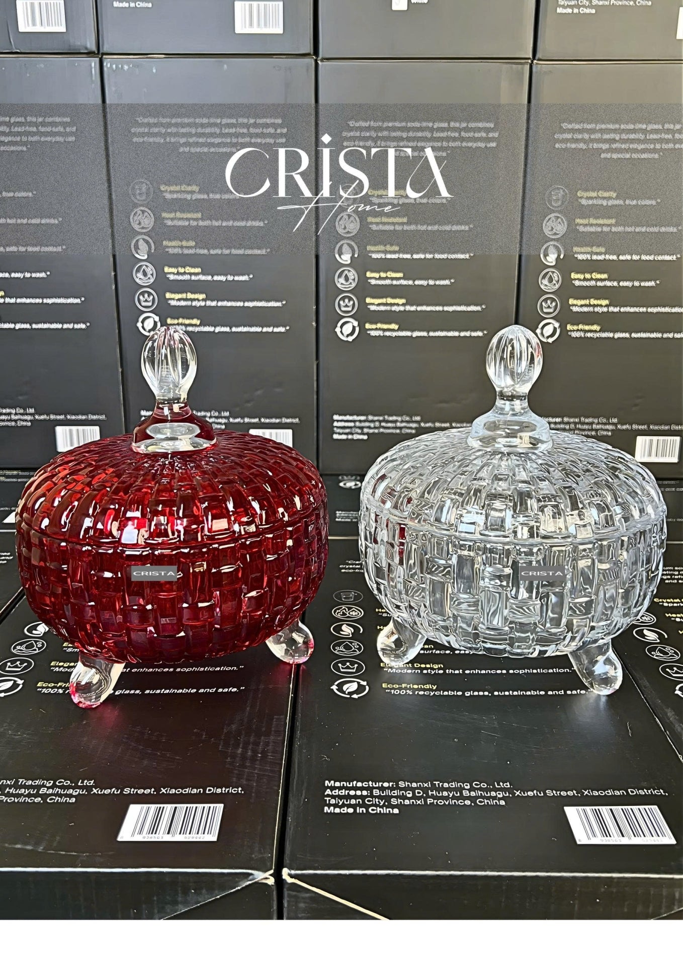 Set of 2 Checkered Glass Jam Jars – Clear & Red