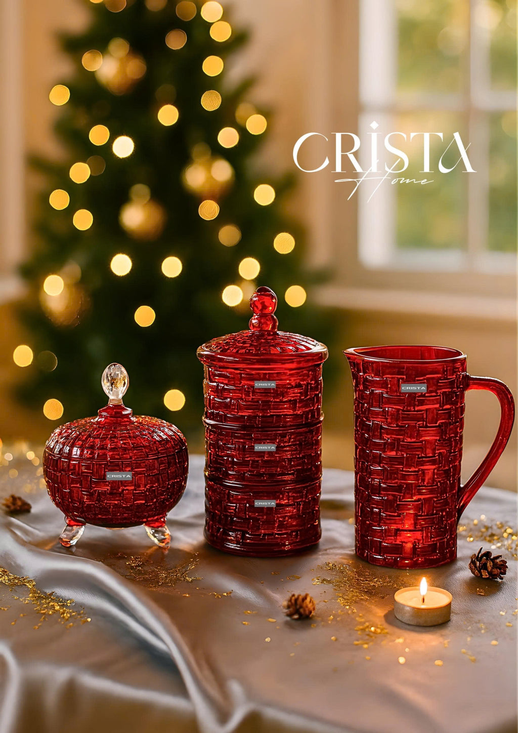 Set of 2 Checkered Glass Jam Jars – Clear & Red