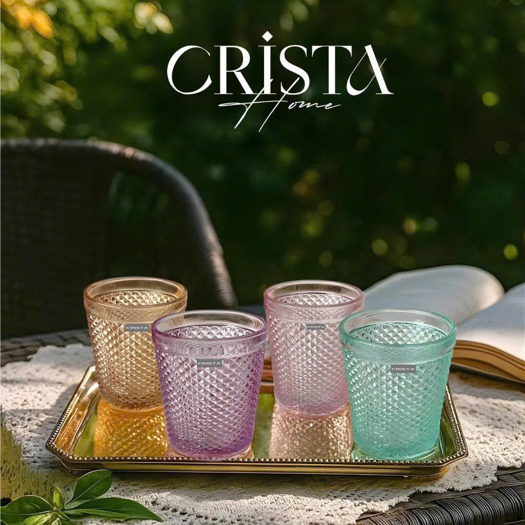 Diamond-Pattern Glass Tumbler Set (4 Pieces) – 300ml – MIXED 4 COLORS