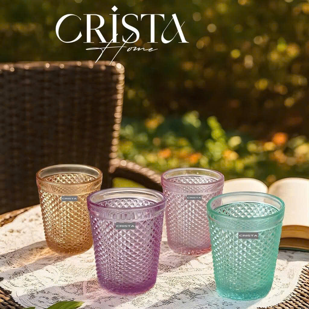 Diamond-Pattern Glass Tumbler Set (4 Pieces) – 300ml – MIXED 4 COLORS