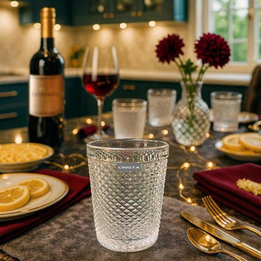 Diamond-Pattern Glass Tumbler Set (4 Pieces) – 300ml – White