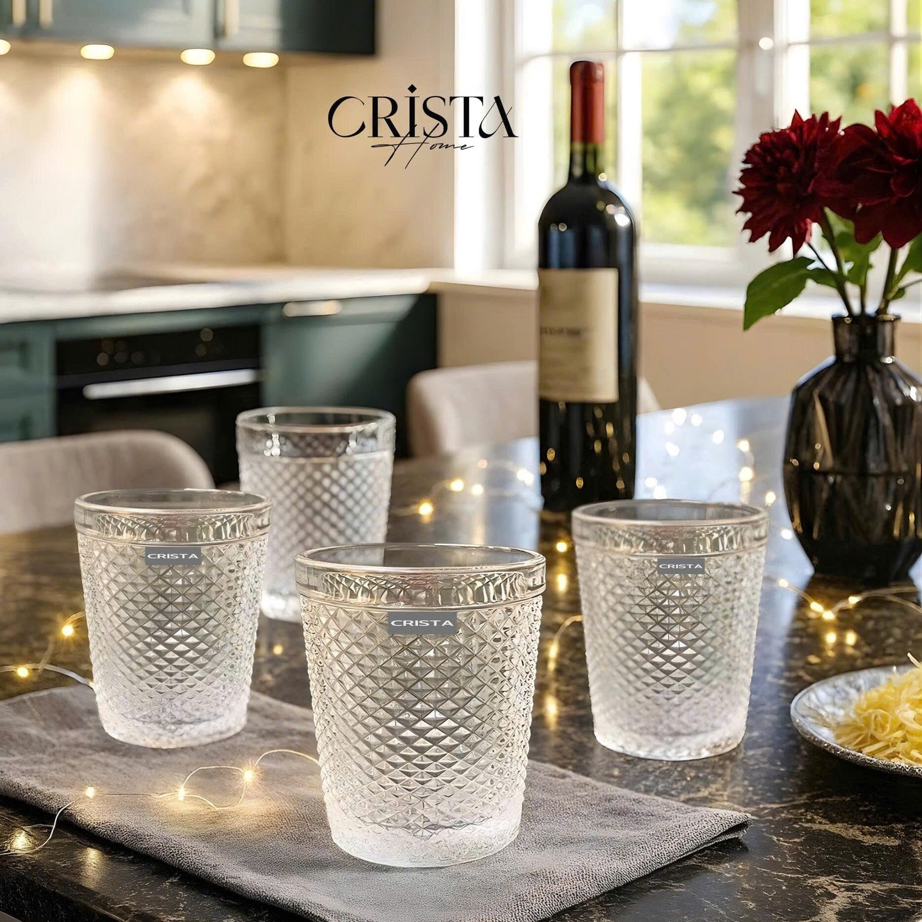 Diamond-Pattern Glass Tumbler Set (4 Pieces) – 300ml – White