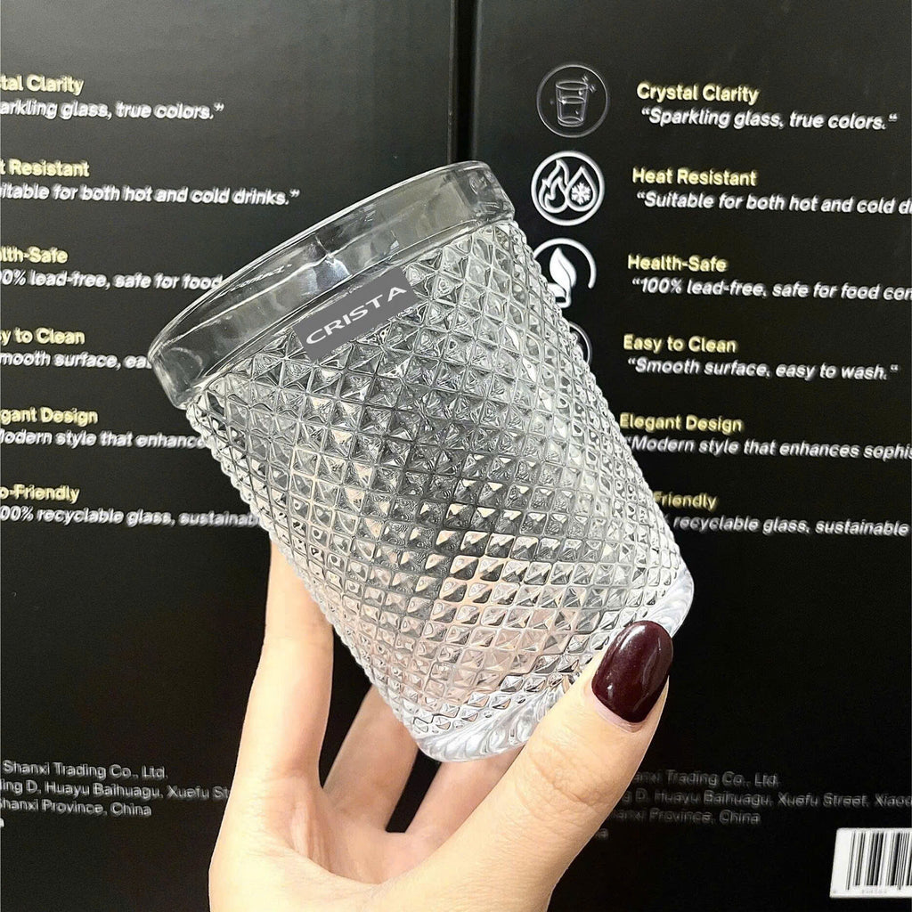 Diamond-Pattern Glass Tumbler Set (4 Pieces) – 300ml – White