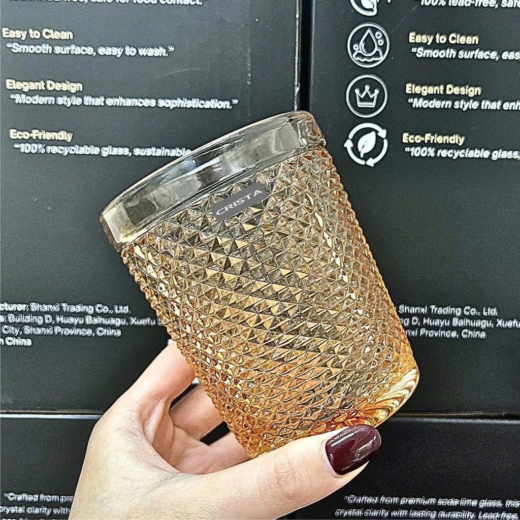 Diamond-Pattern Glass Tumbler Set (4 Pieces) – 300ml – GOLD