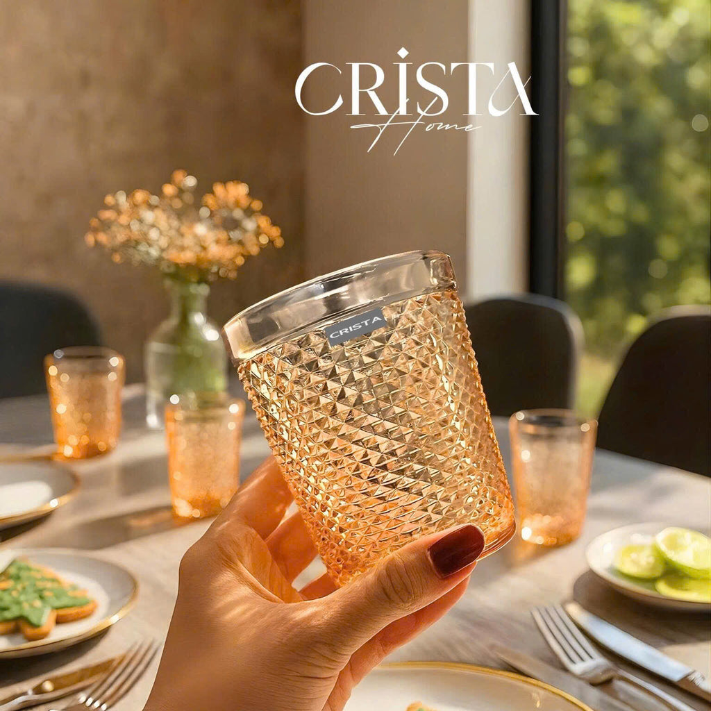 Diamond-Pattern Glass Tumbler Set (4 Pieces) – 300ml – GOLD