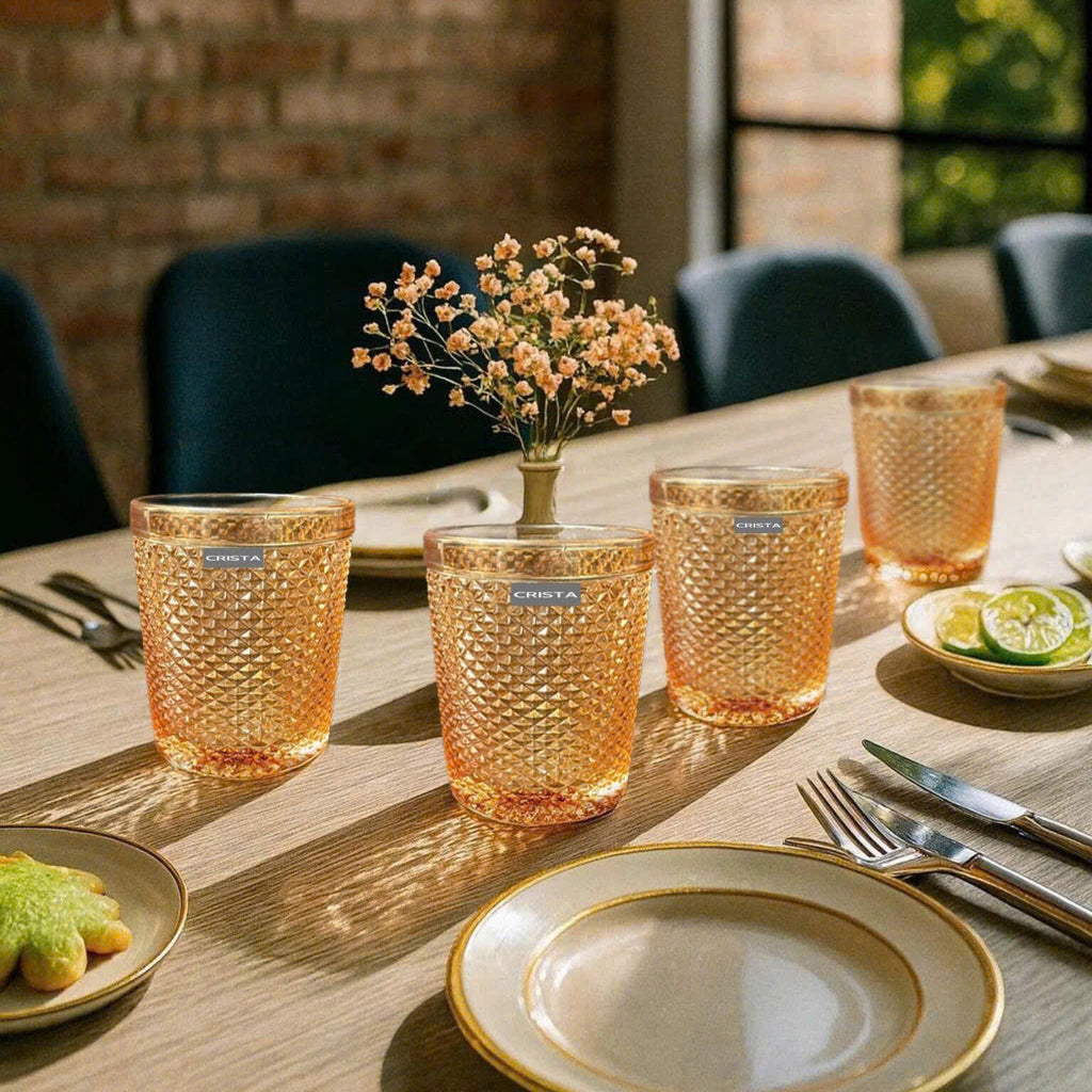 Diamond-Pattern Glass Tumbler Set (4 Pieces) – 300ml – GOLD