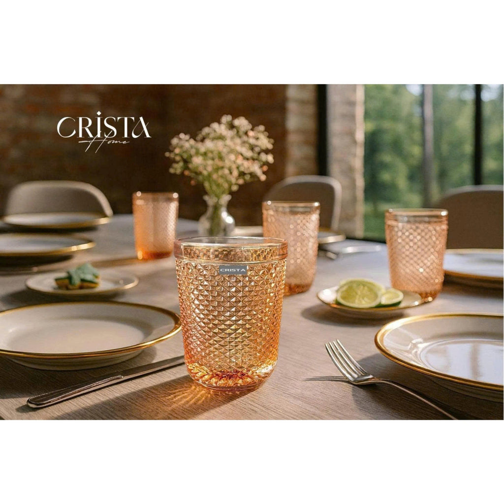Diamond-Pattern Glass Tumbler Set (4 Pieces) – 300ml – GOLD