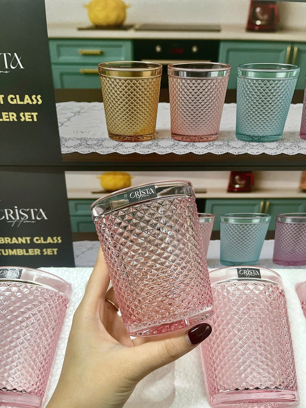 Diamond-Pattern Glass Tumbler Set (4 Pieces) – 300ml – Pink