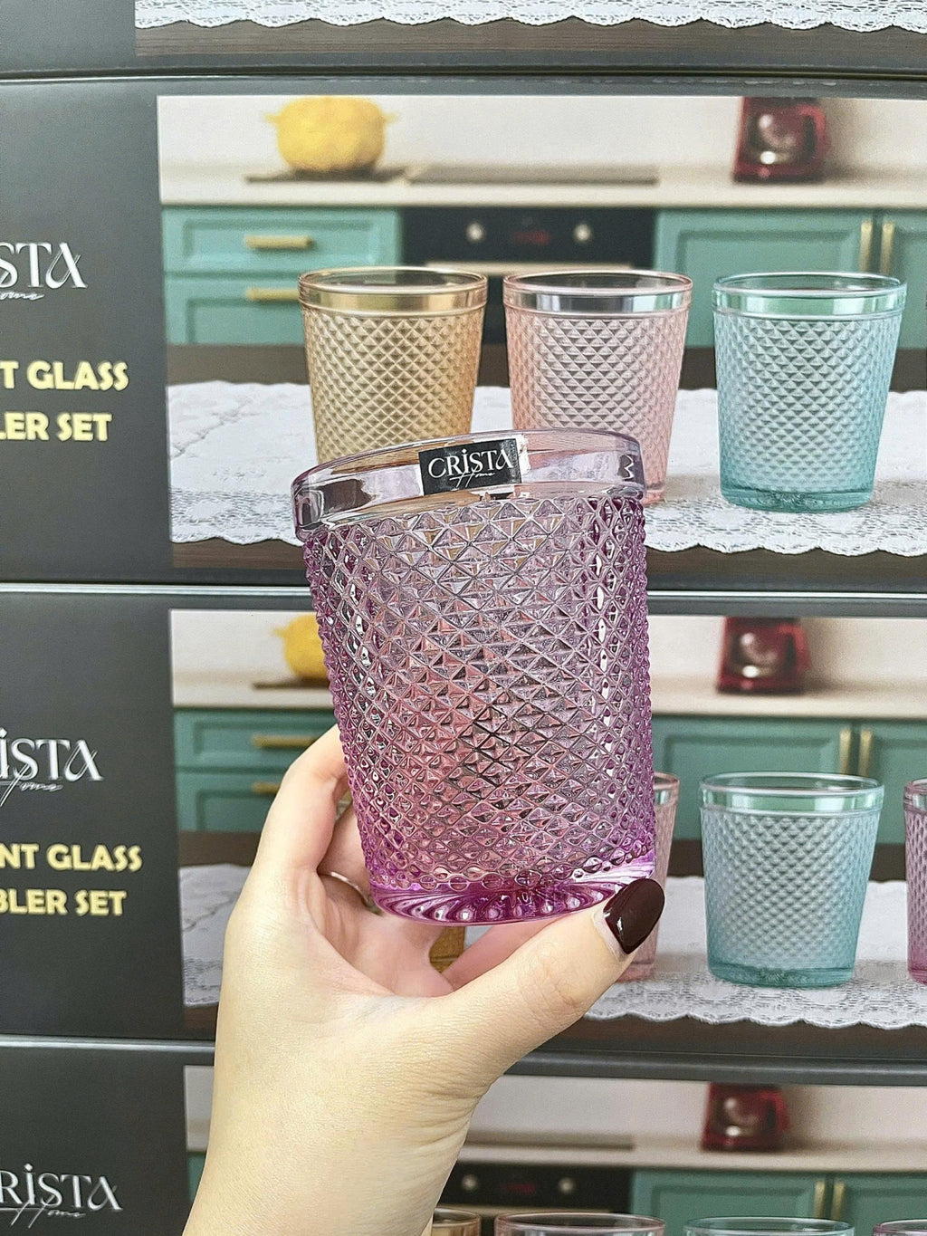 Diamond-Pattern Glass Tumbler Set (4 Pieces) – 300ml – Purple