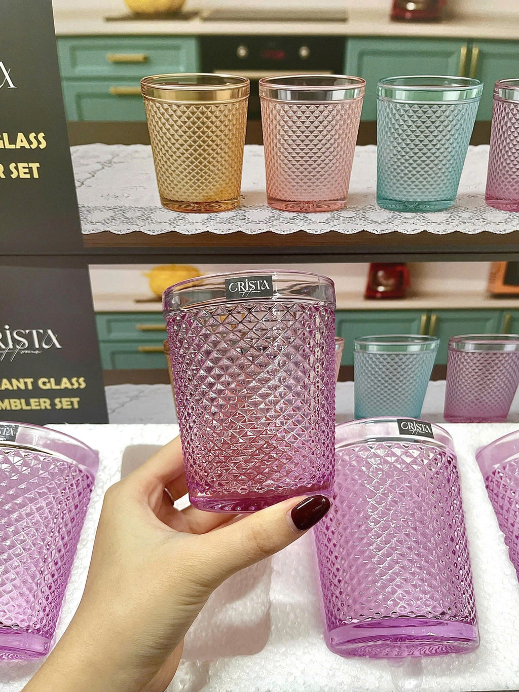 Diamond-Pattern Glass Tumbler Set (4 Pieces) – 300ml – Purple