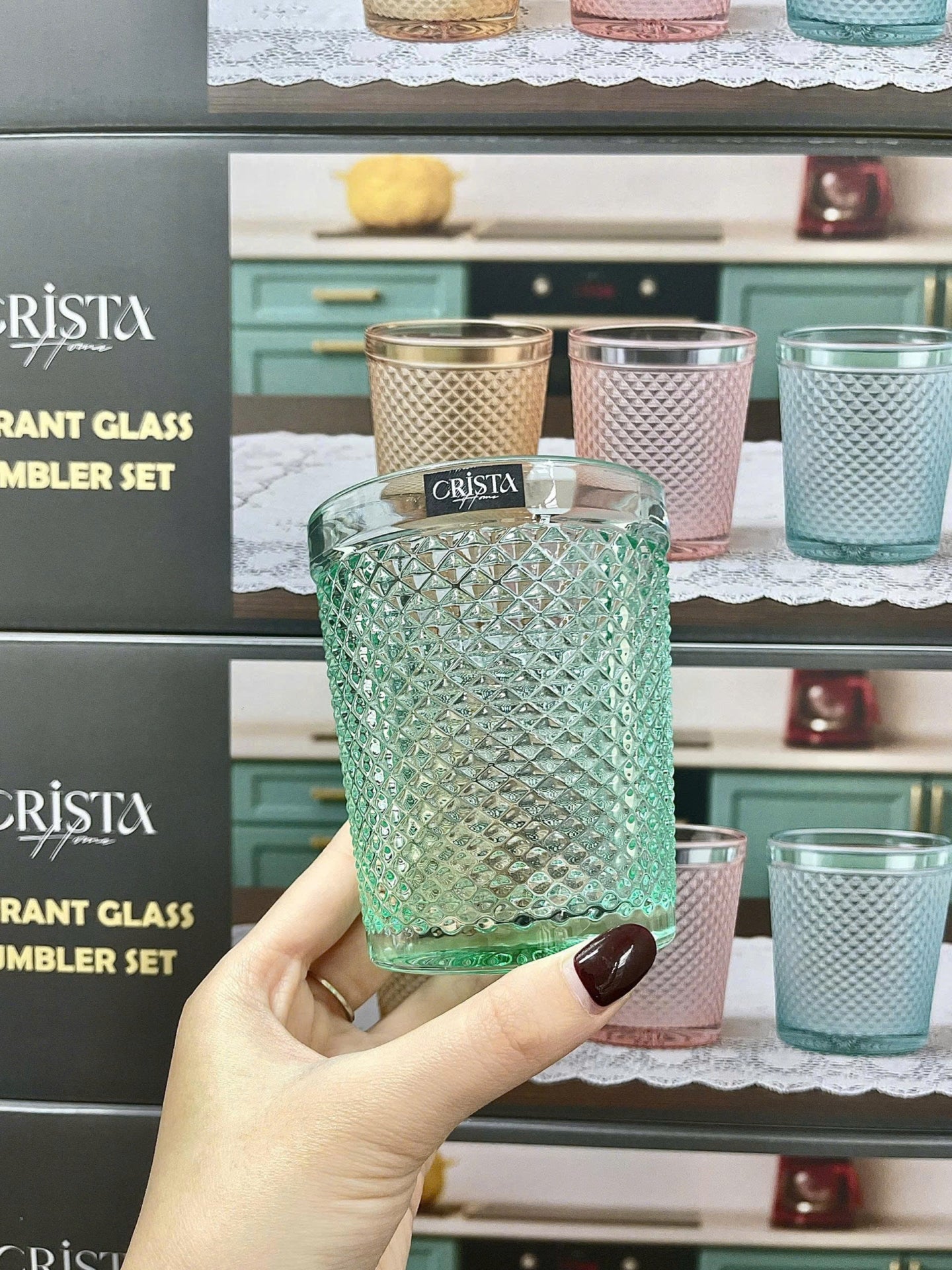 Diamond-Pattern Glass Tumbler Set (4 Pieces) – 300ml – GREEN