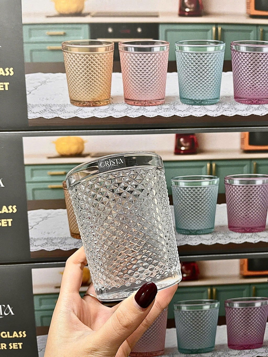 Diamond-Pattern Glass Tumbler Set (4 Pieces) – 300ml – White