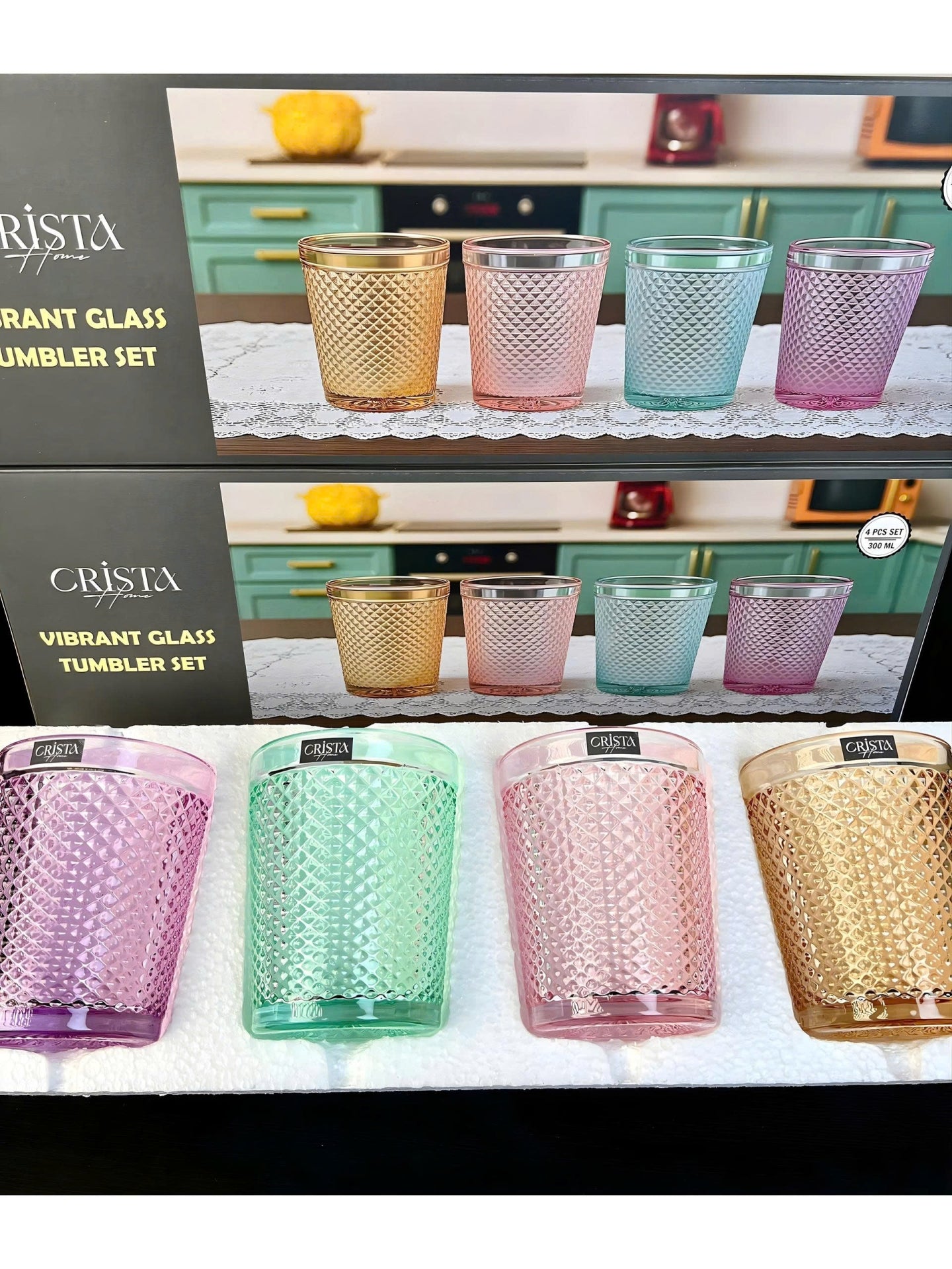 Diamond-Pattern Glass Tumbler Set (4 Pieces) – 300ml – MIXED 4 COLORS