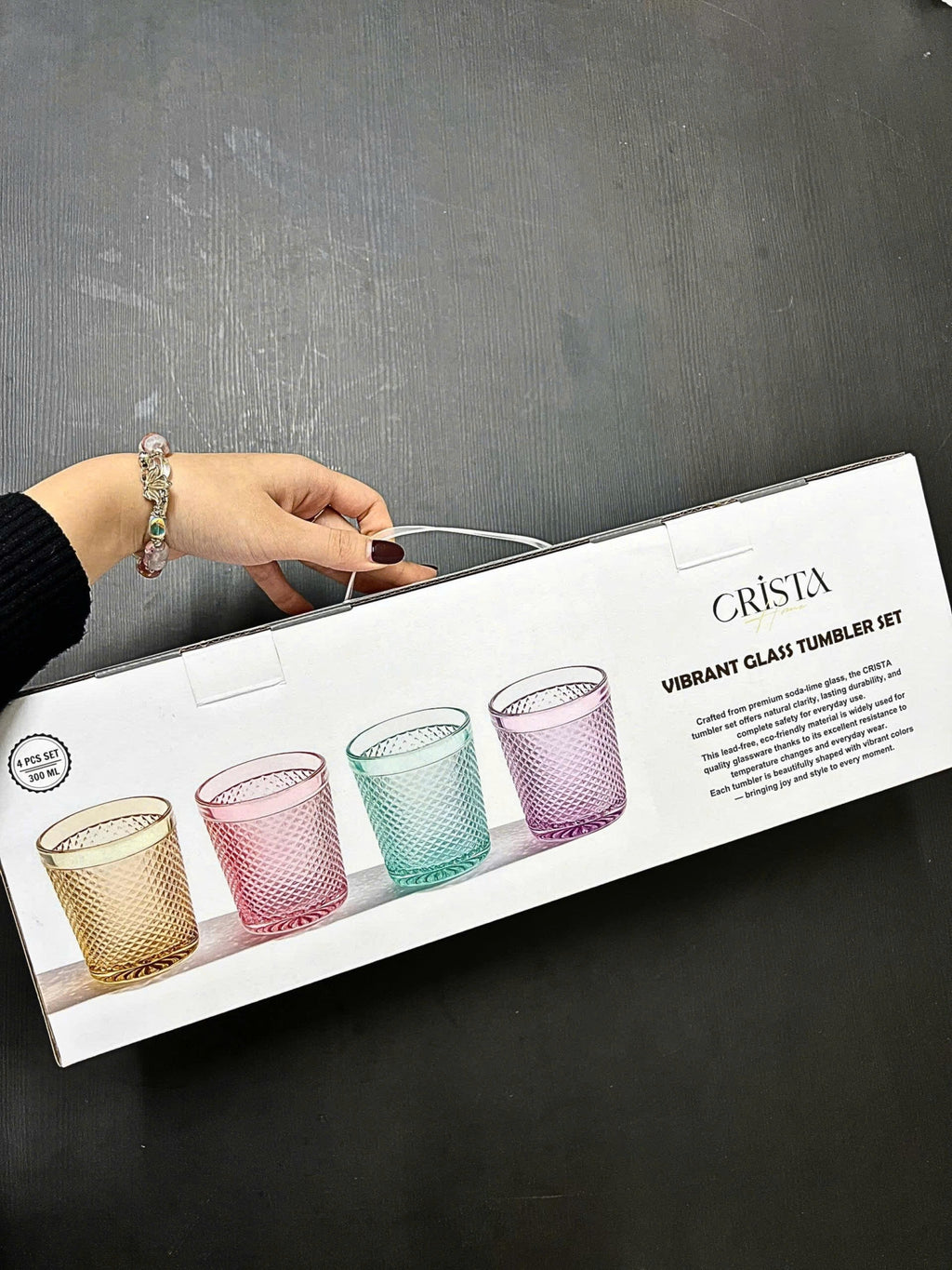 Diamond-Pattern Glass Tumbler Set (4 Pieces) – 300ml – MIXED 4 COLORS