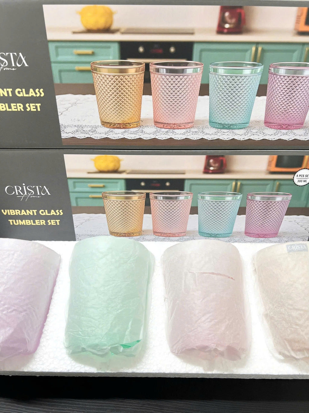 Diamond-Pattern Glass Tumbler Set (4 Pieces) – 300ml – MIXED 4 COLORS