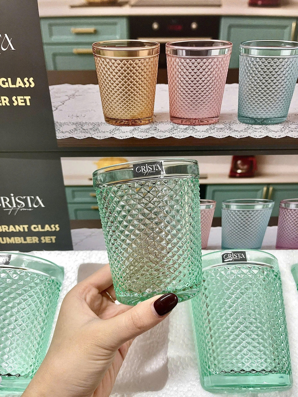 Diamond-Pattern Glass Tumbler Set (4 Pieces) – 300ml – GREEN