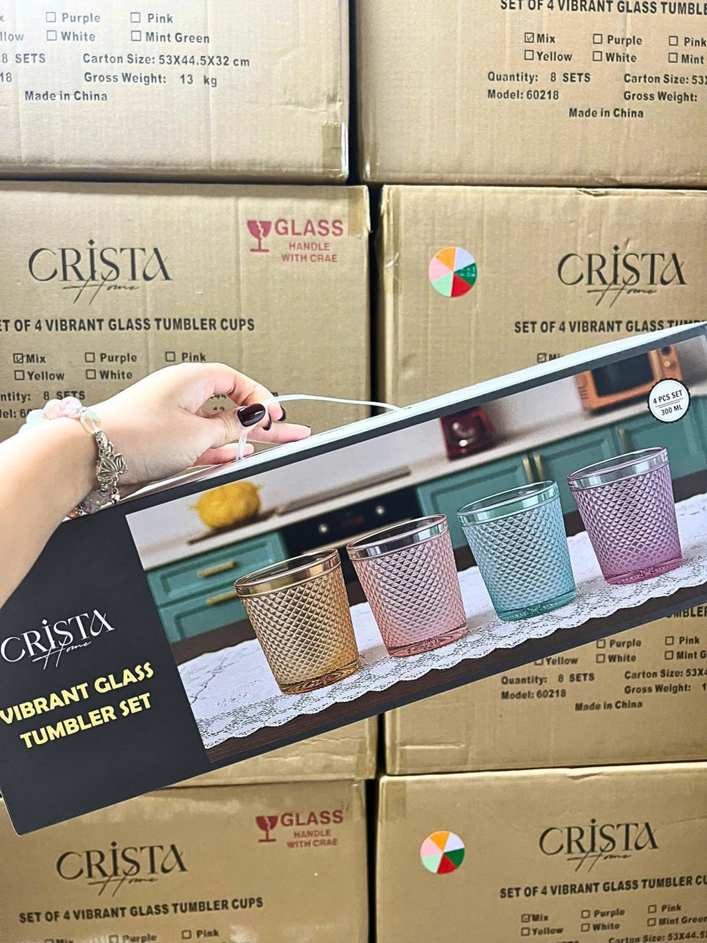 Diamond-Pattern Glass Tumbler Set (4 Pieces) – 300ml – White