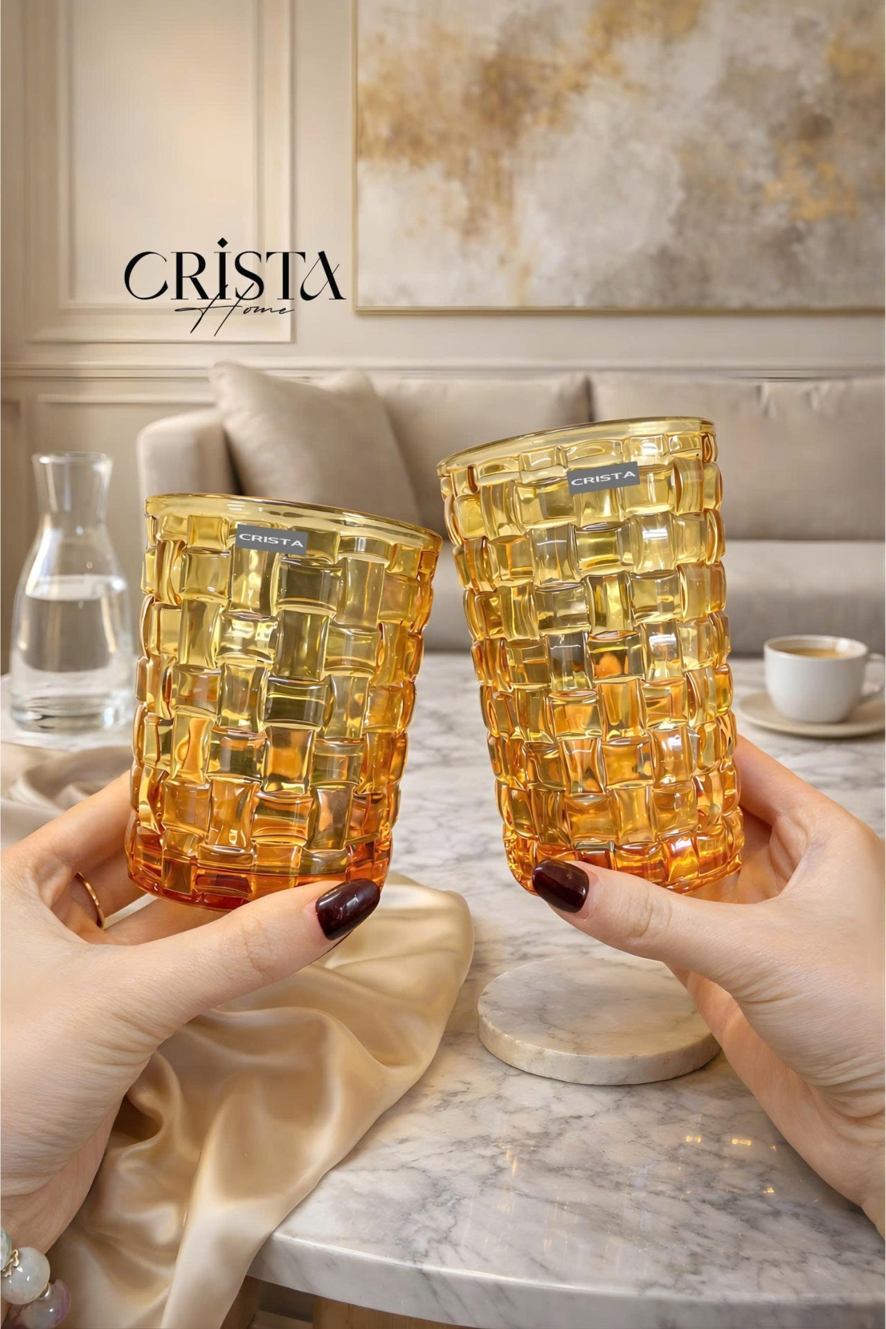SET OF 6 TALL CHECKERED GLASS TUMBLERS – YELLOW (350 ML)