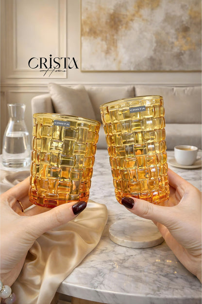 SET OF 6 TALL CHECKERED GLASS TUMBLERS – YELLOW (350 ML)