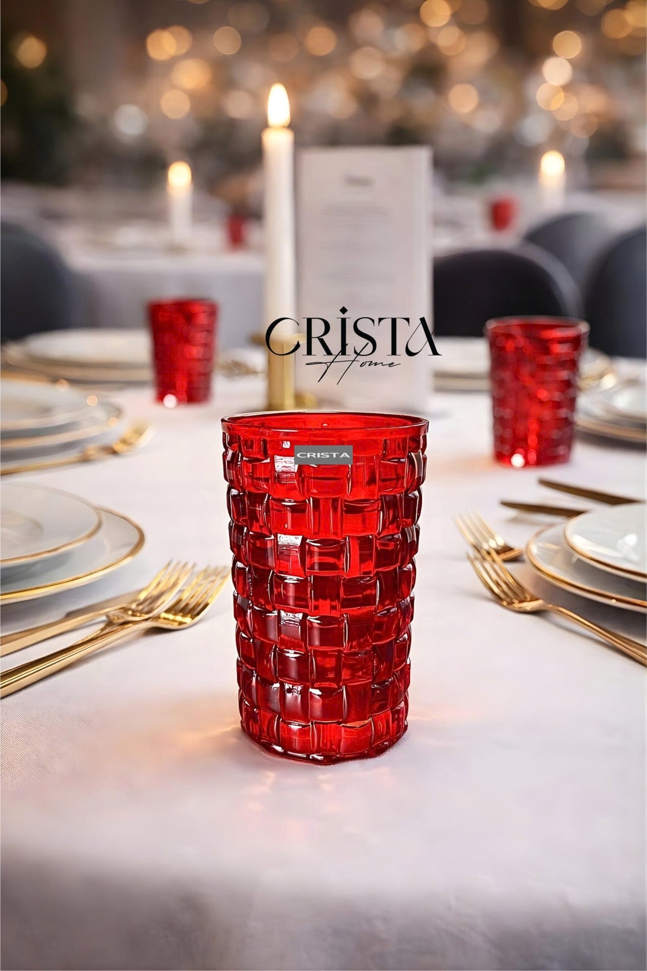 SET OF 6 TALL CHECKERED GLASS TUMBLERS – RED (350 ML)