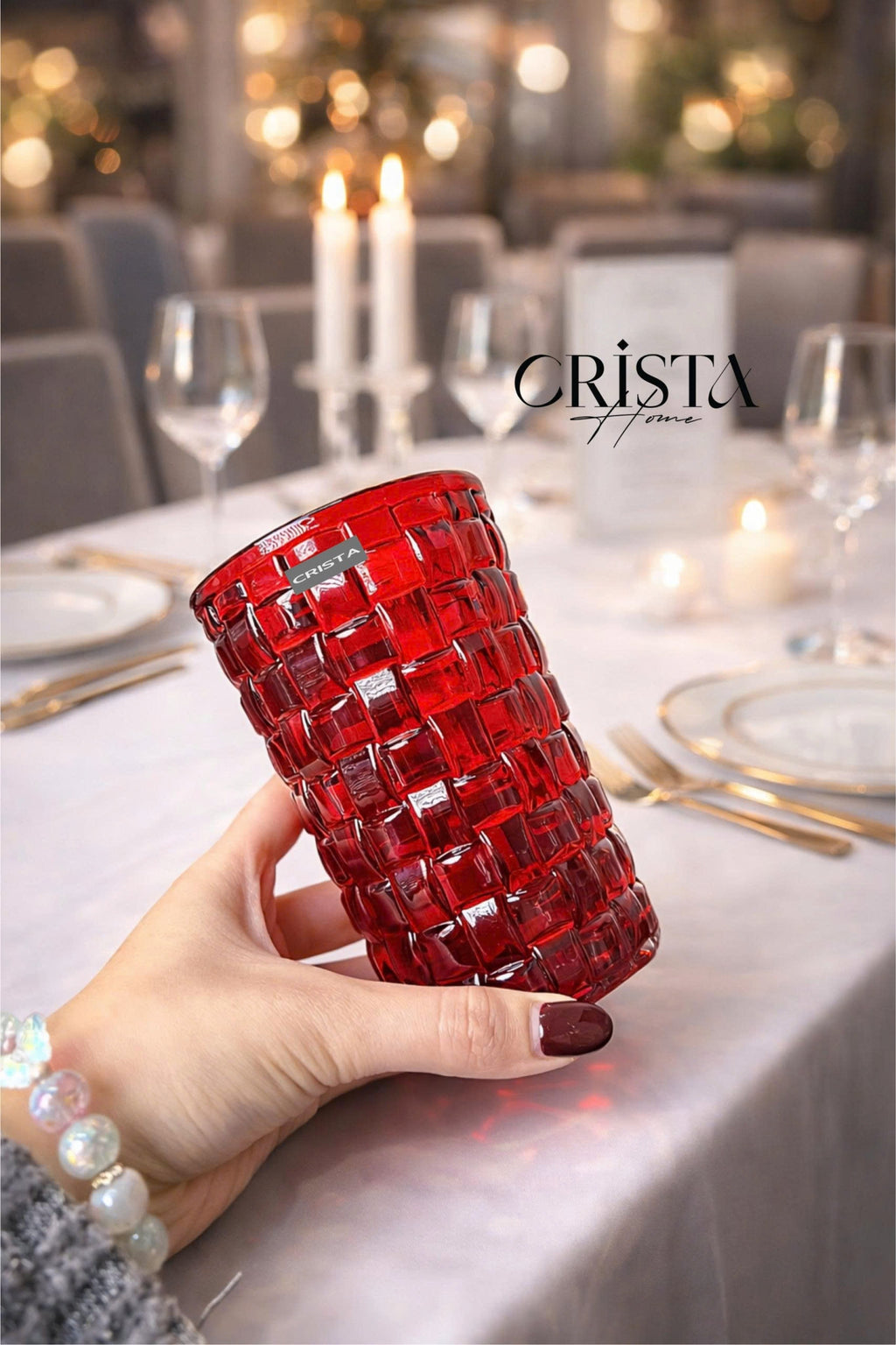 SET OF 6 TALL CHECKERED GLASS TUMBLERS – RED (350 ML)