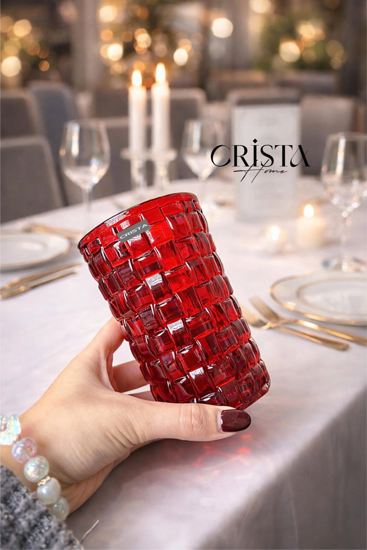 SET OF 6 TALL CHECKERED GLASS TUMBLERS – RED (350 ML)