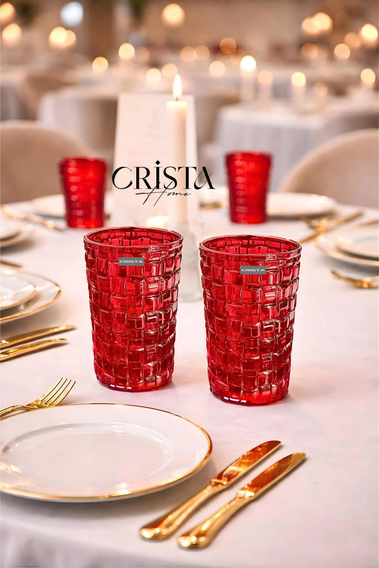 SET OF 6 TALL CHECKERED GLASS TUMBLERS – RED (350 ML)