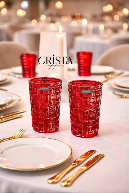 SET OF 6 TALL CHECKERED GLASS TUMBLERS – RED (350 ML)
