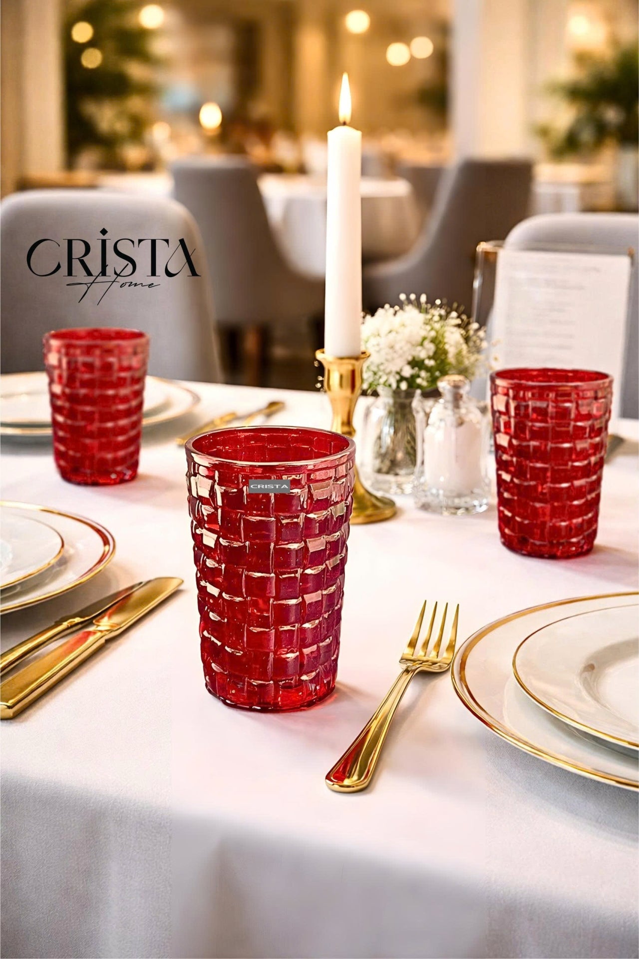 SET OF 6 TALL CHECKERED GLASS TUMBLERS – RED (350 ML)