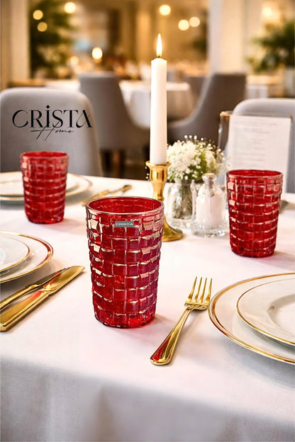 SET OF 6 TALL CHECKERED GLASS TUMBLERS – RED (350 ML)