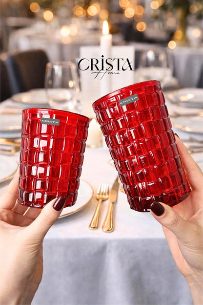 SET OF 6 TALL CHECKERED GLASS TUMBLERS – RED (350 ML)
