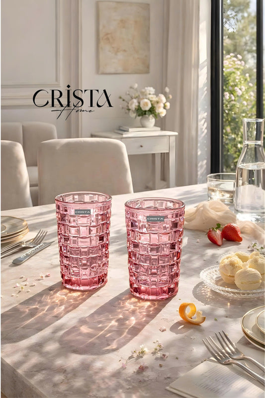 SET OF 6 TALL CHECKERED GLASS TUMBLERS – PINK (350 ML)