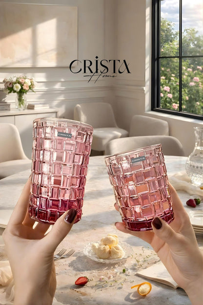 SET OF 6 TALL CHECKERED GLASS TUMBLERS – PINK (350 ML)