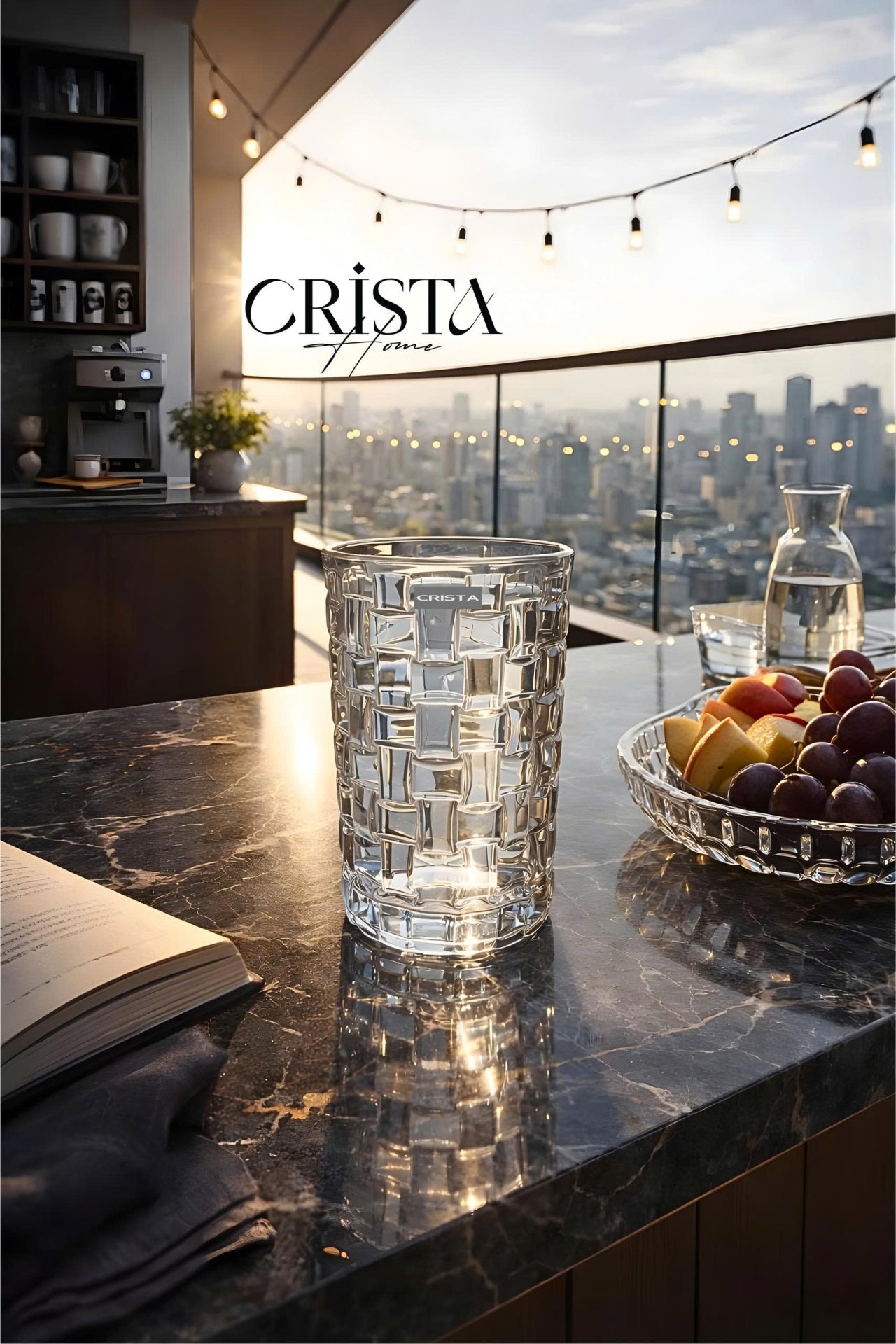 SET OF 6 TALL CHECKERED GLASS TUMBLERS – WHITE (350 ML)