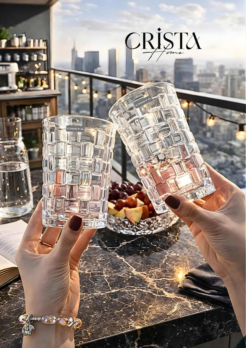 SET OF 6 TALL CHECKERED GLASS TUMBLERS – WHITE (350 ML)