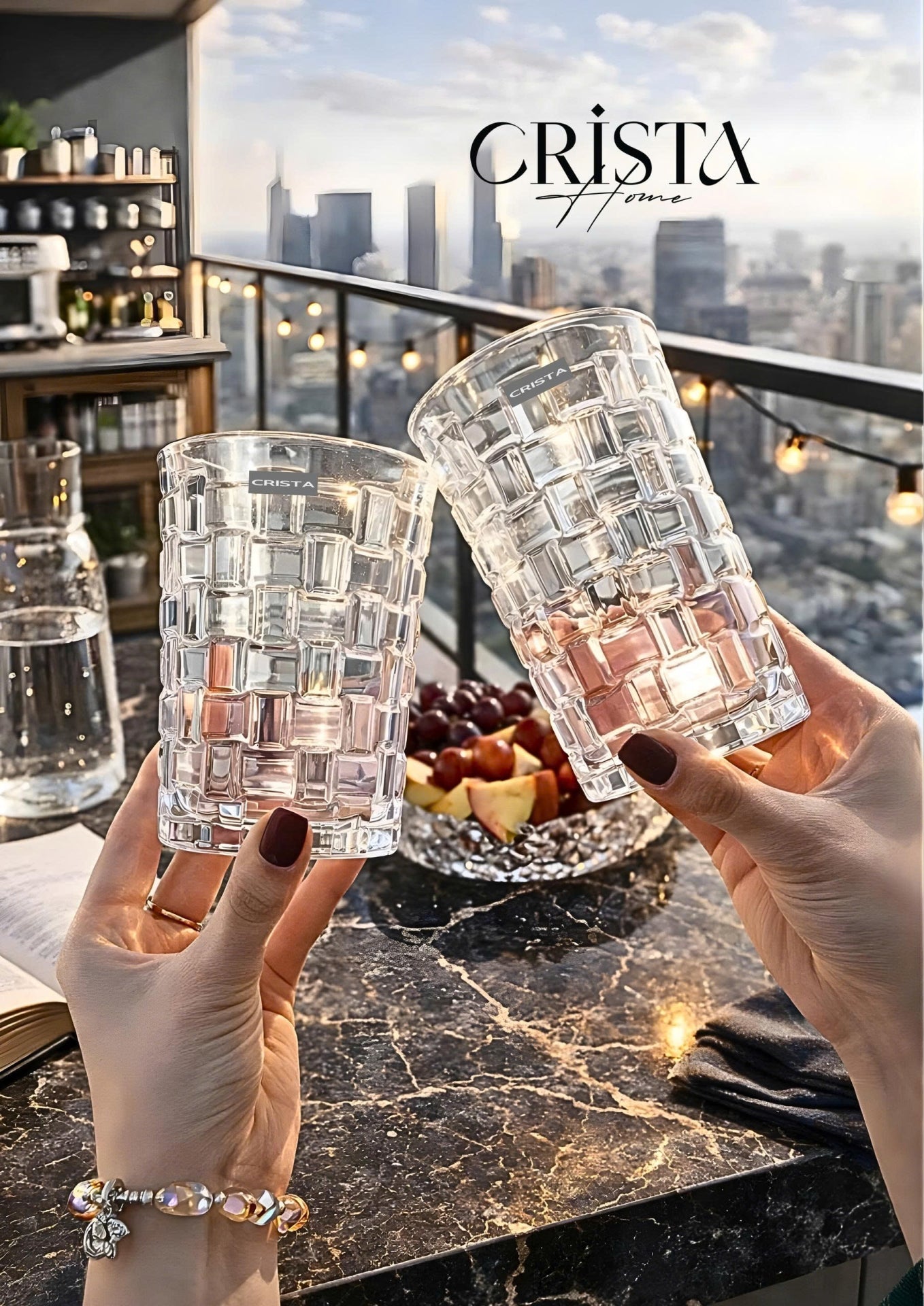 SET OF 6 TALL CHECKERED GLASS TUMBLERS – WHITE (350 ML)