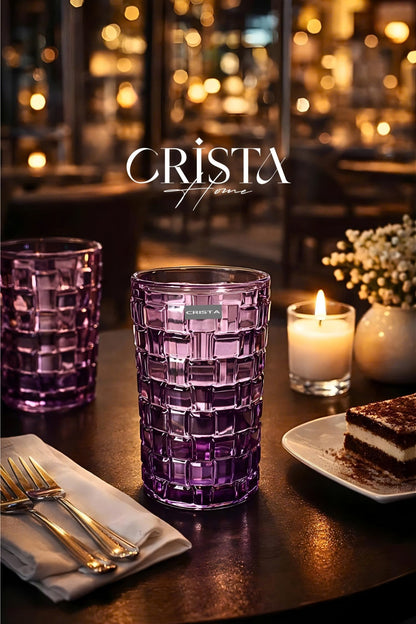SET OF 6 TALL CHECKERED GLASS TUMBLERS – PURPLE (350 ML)