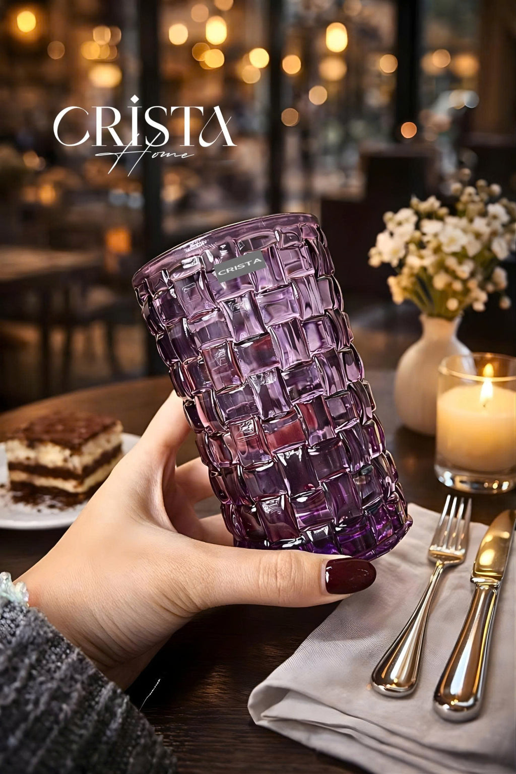 SET OF 6 TALL CHECKERED GLASS TUMBLERS – PURPLE (350 ML)