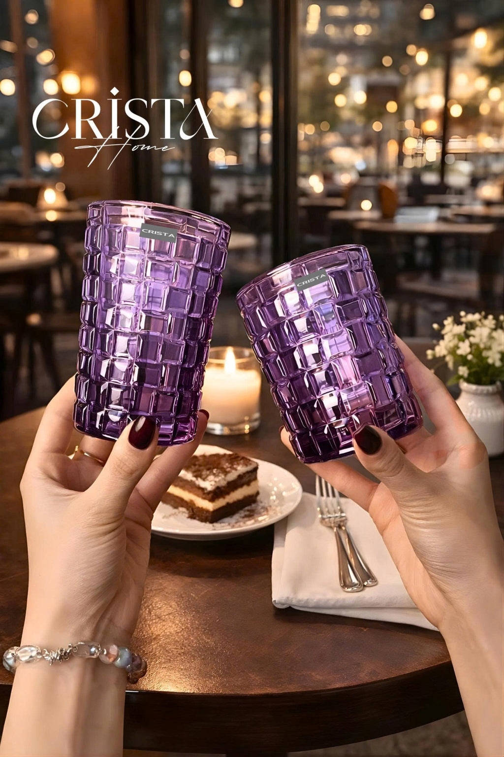 SET OF 6 TALL CHECKERED GLASS TUMBLERS – PURPLE (350 ML)