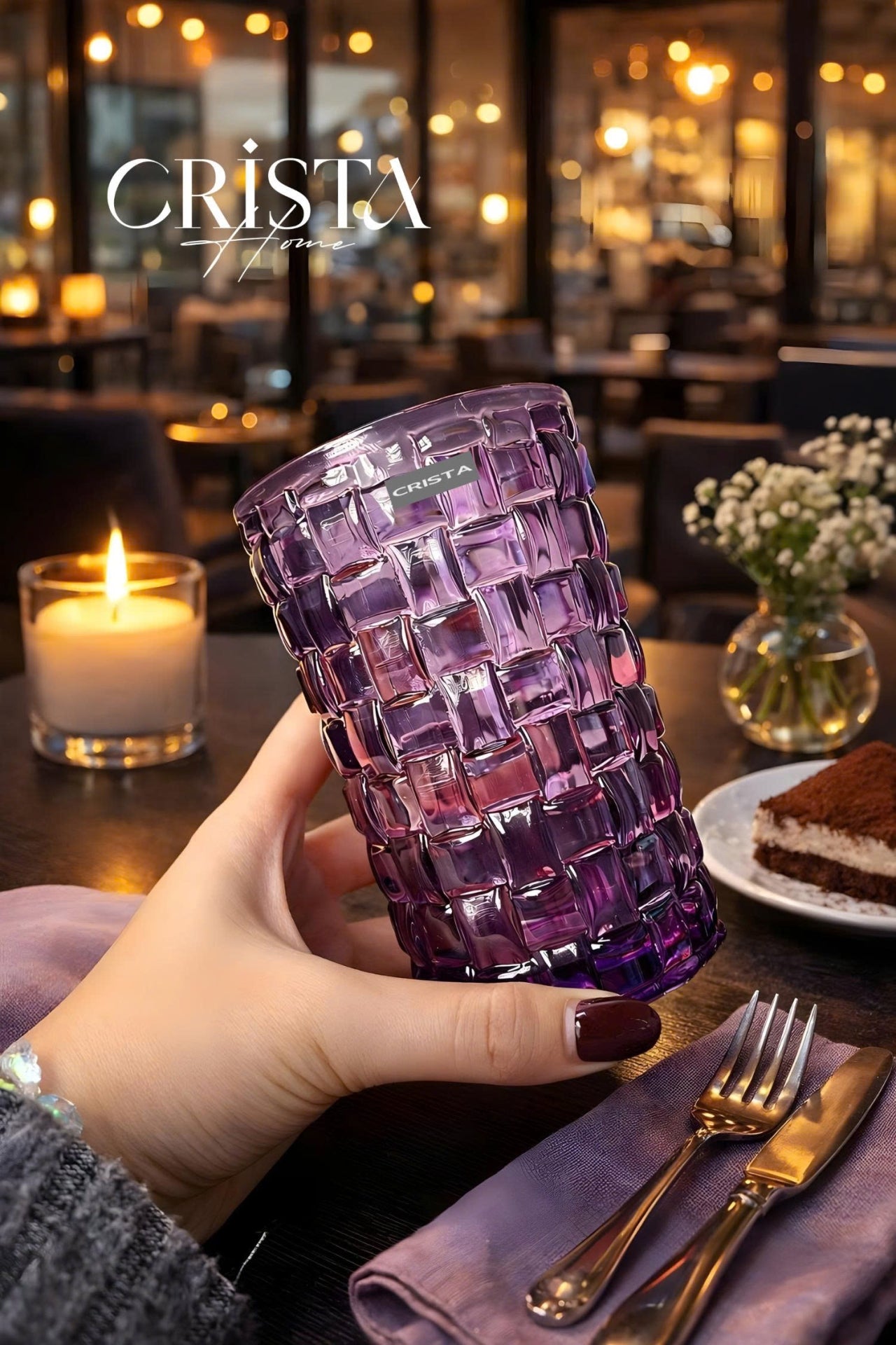 SET OF 6 TALL CHECKERED GLASS TUMBLERS – PURPLE (350 ML)