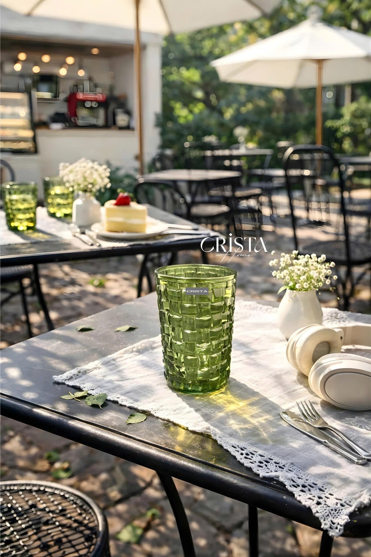 SET OF 6 TALL CHECKERED GLASS TUMBLERS – GREEN (350 ML)