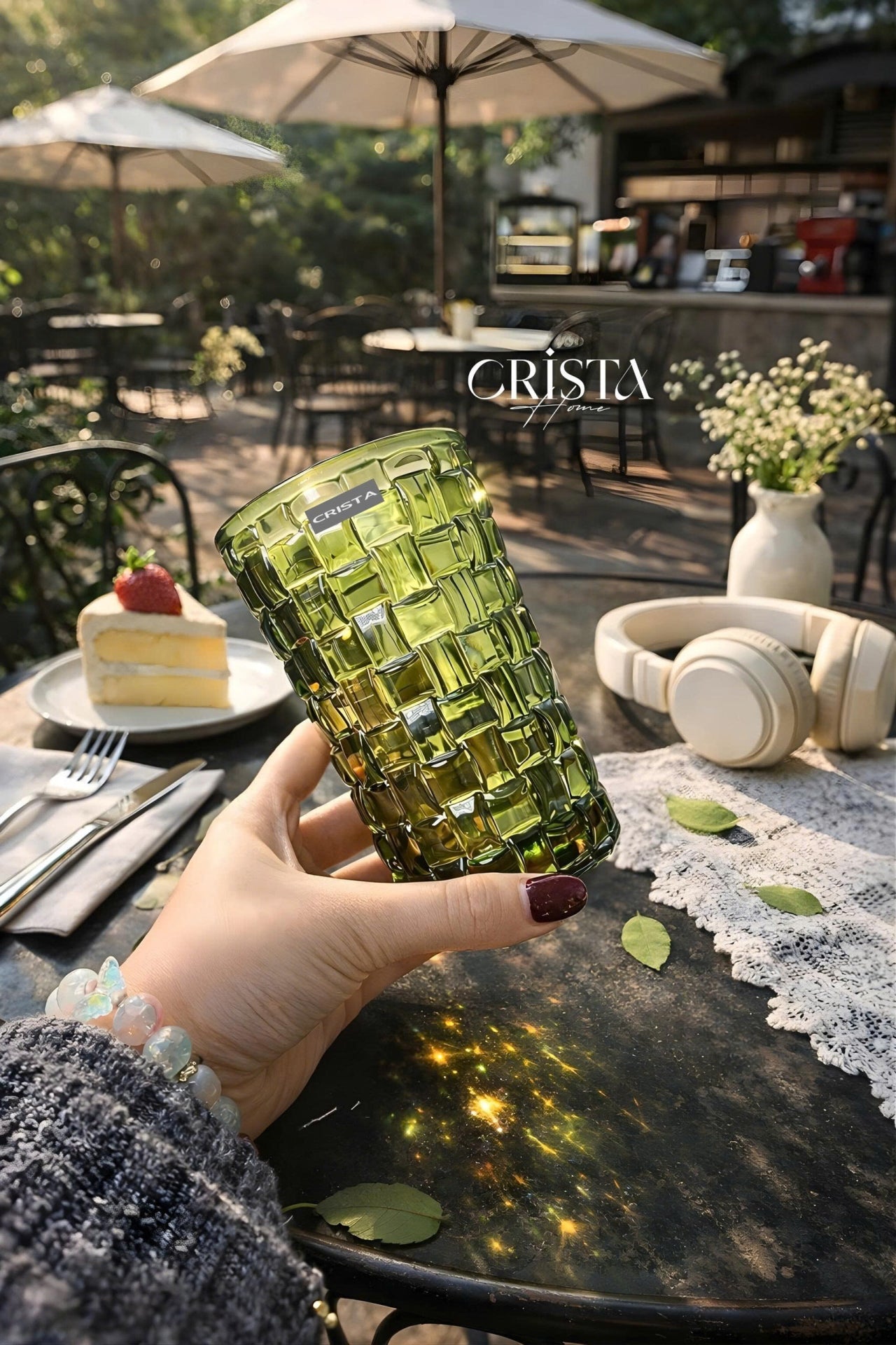 SET OF 6 TALL CHECKERED GLASS TUMBLERS – GREEN (350 ML)