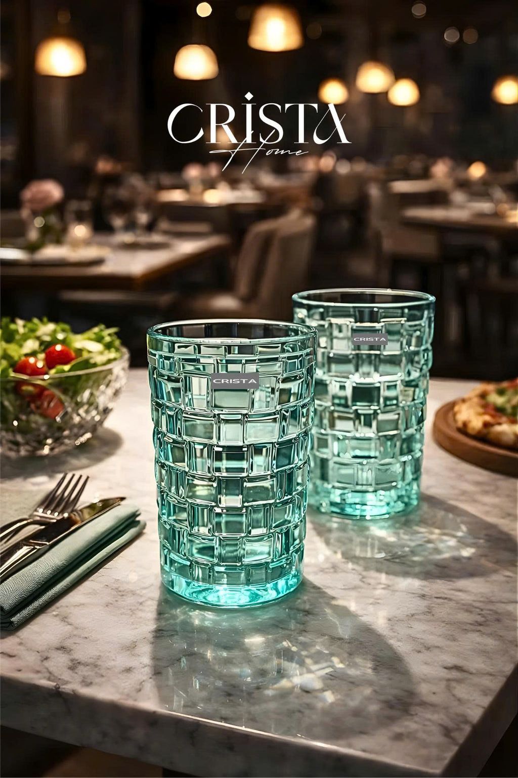 SET OF 6 TALL CHECKERED GLASS TUMBLERS – MINT GREEN (350 ML)