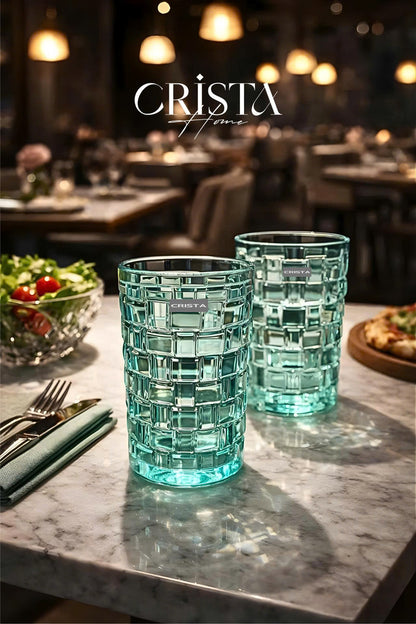 SET OF 6 TALL CHECKERED GLASS TUMBLERS – MINT GREEN (350 ML)