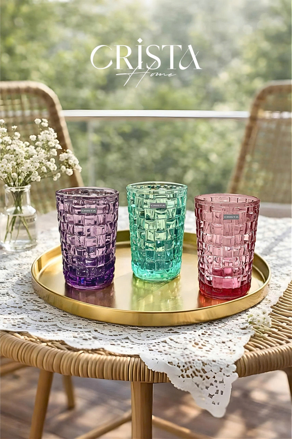 SET OF 6 TALL CHECKERED GLASS TUMBLERS – MIX COLORS (350 ML)