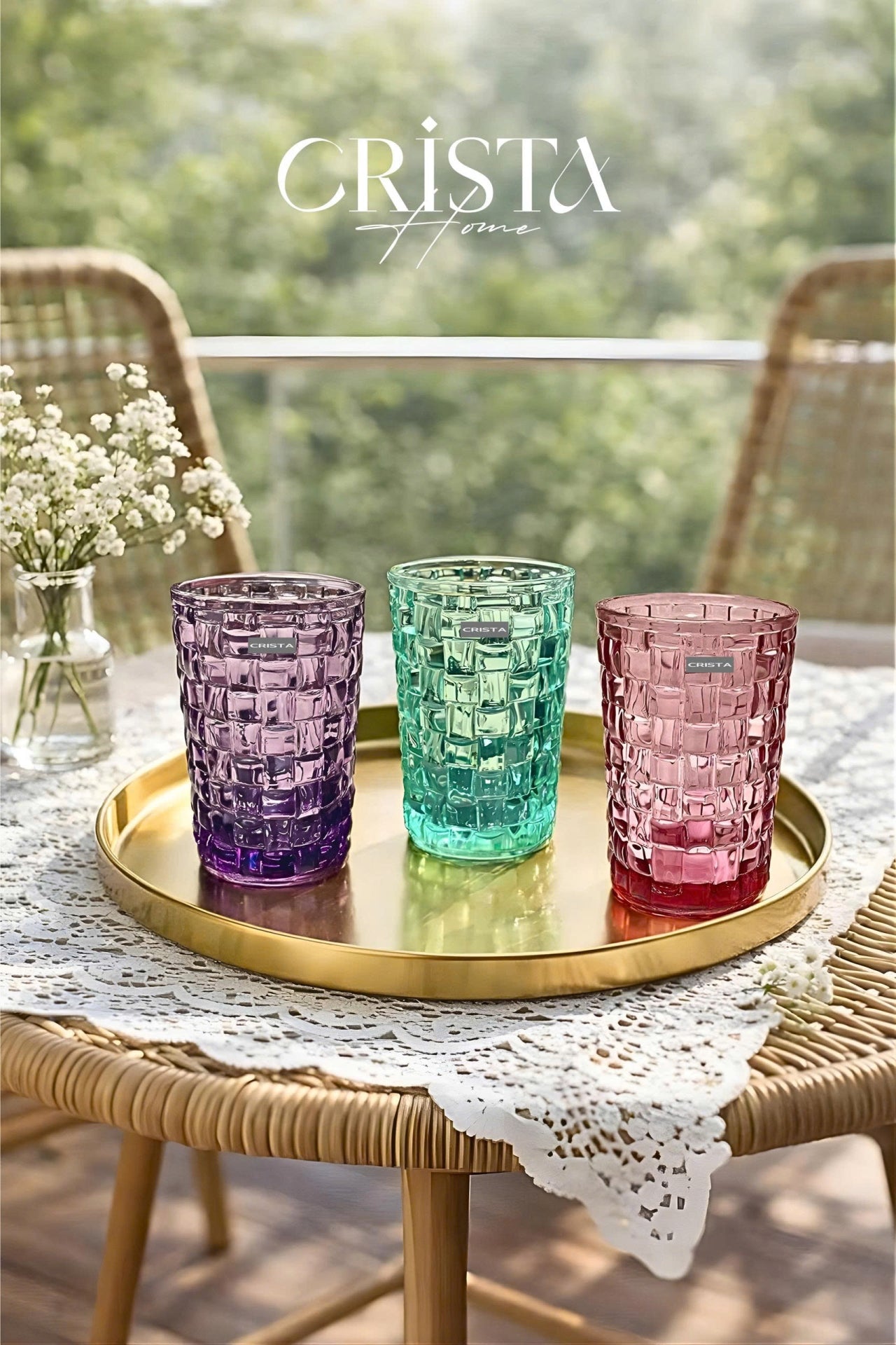 SET OF 6 TALL CHECKERED GLASS TUMBLERS – MIX COLORS (350 ML)