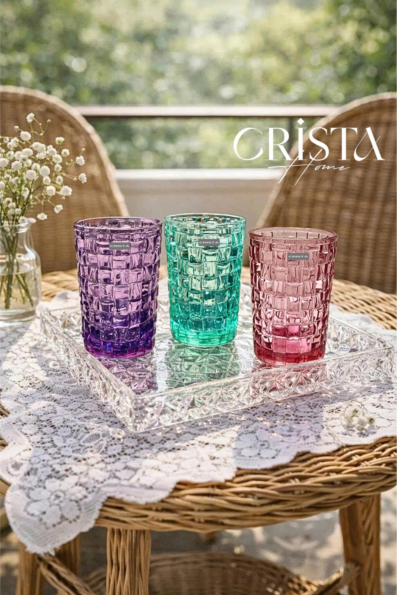 SET OF 6 TALL CHECKERED GLASS TUMBLERS – MIX COLORS (350 ML)