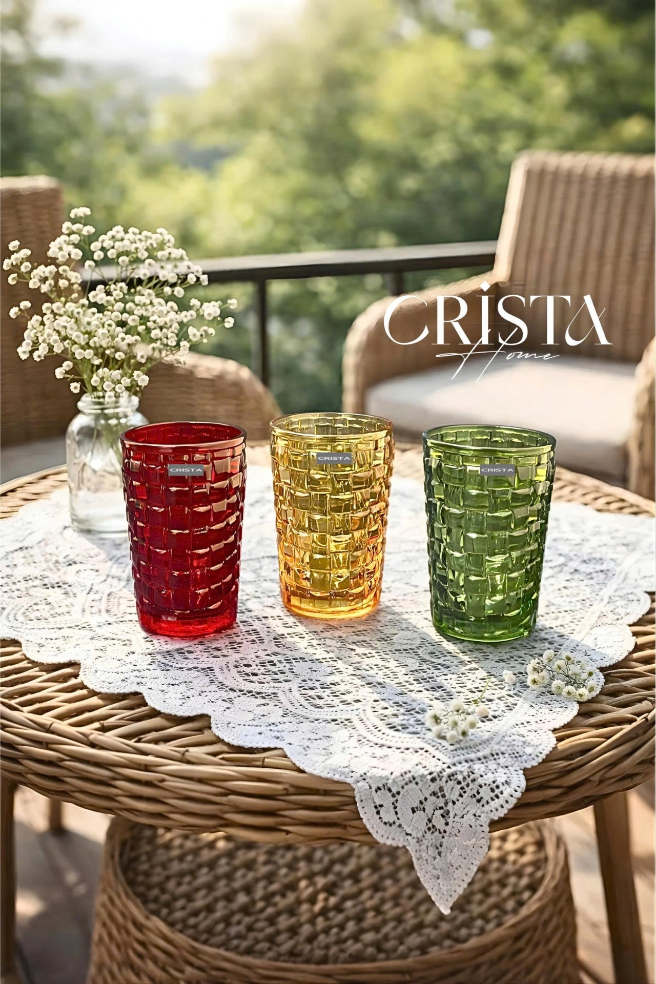 SET OF 6 TALL CHECKERED GLASS TUMBLERS – MIX COLORS (350 ML)